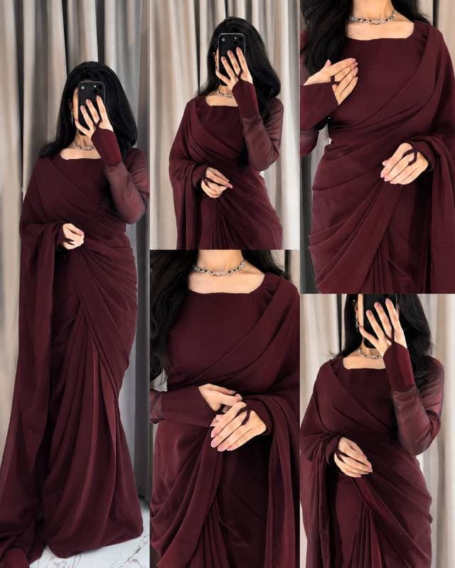 ✨ প্রিমিয়াম কোয়ালিটি জর্জেট শাড়ি ( মেরুন 🍷 )  ✨