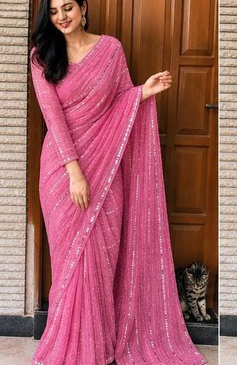 🩷 Rose Pink জর্জেট শাড়ি