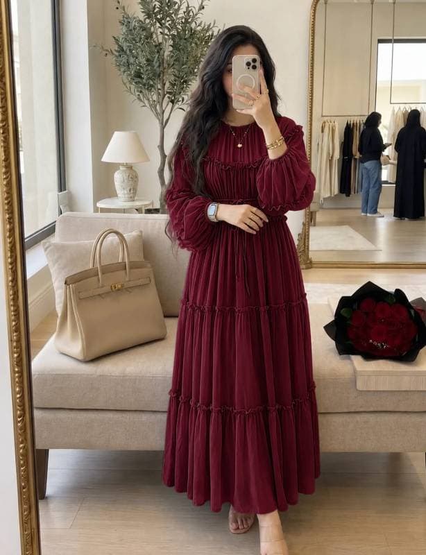 ✨ Elora Ruffle Gown ✨ 🍷 ওয়াইন মেরুন — Wine Maroon thumbnail 1