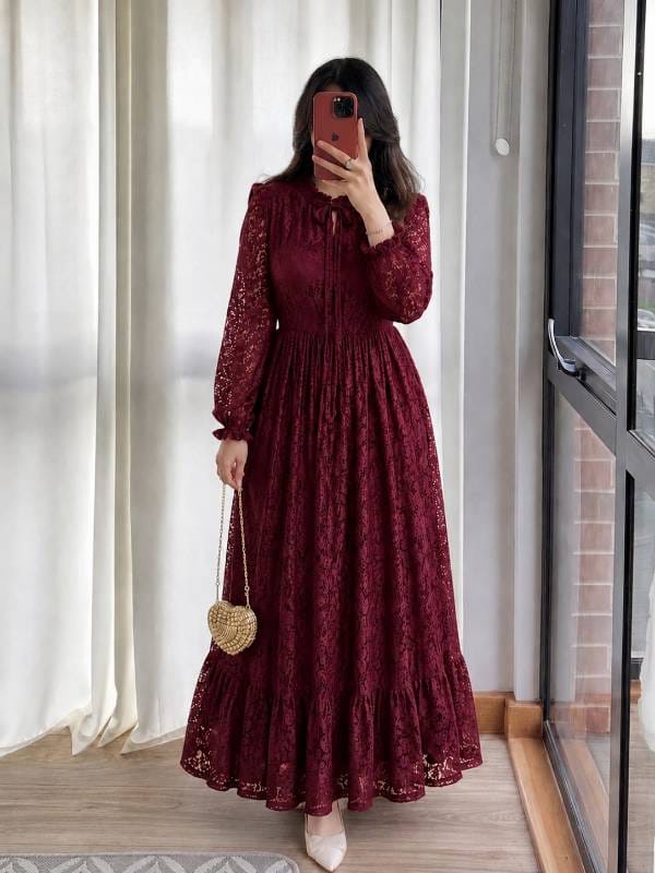 ✨ Mocha Lace Gown ✨ (মেরুন কালার )🍷
