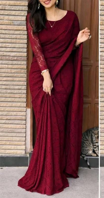 মেরুন (Maroon) দুবাই লেস শাড়ি